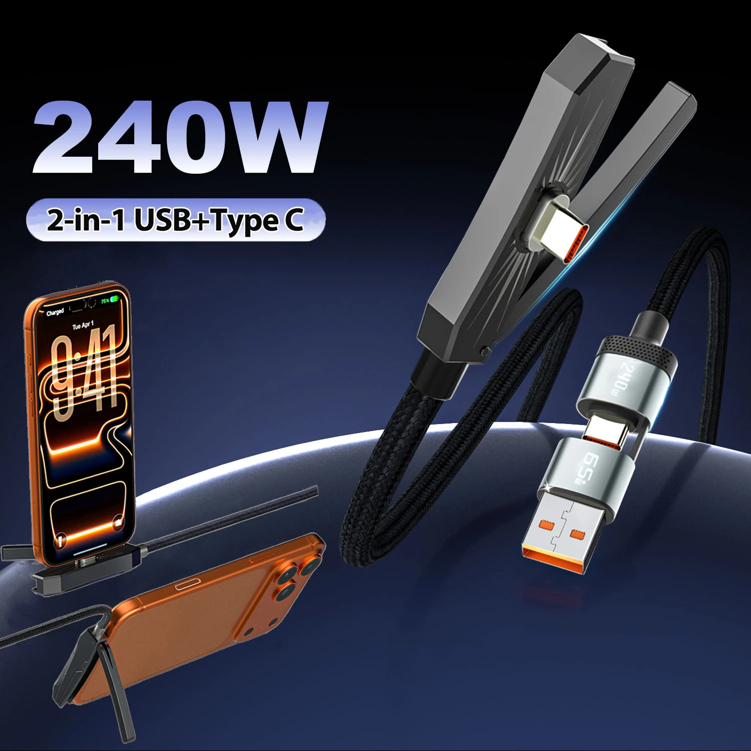 Cable de Carga Rápida 2 en 1 USB + Tipo C de 240W con Soporte Plegable, Cable de Carga Rápida Tipo C, Soporte para Teléfono Móvil USB, Cable de Carga