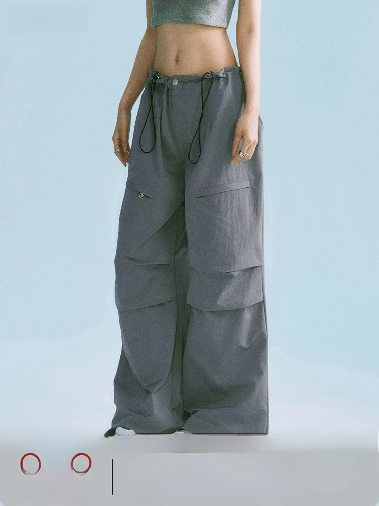 

KC Повседневные брюки со скрытыми кетами Плиссированные свободные брюки с завязками Прямые длинные брюки Спецодежда Sle Полиэфирное волокно