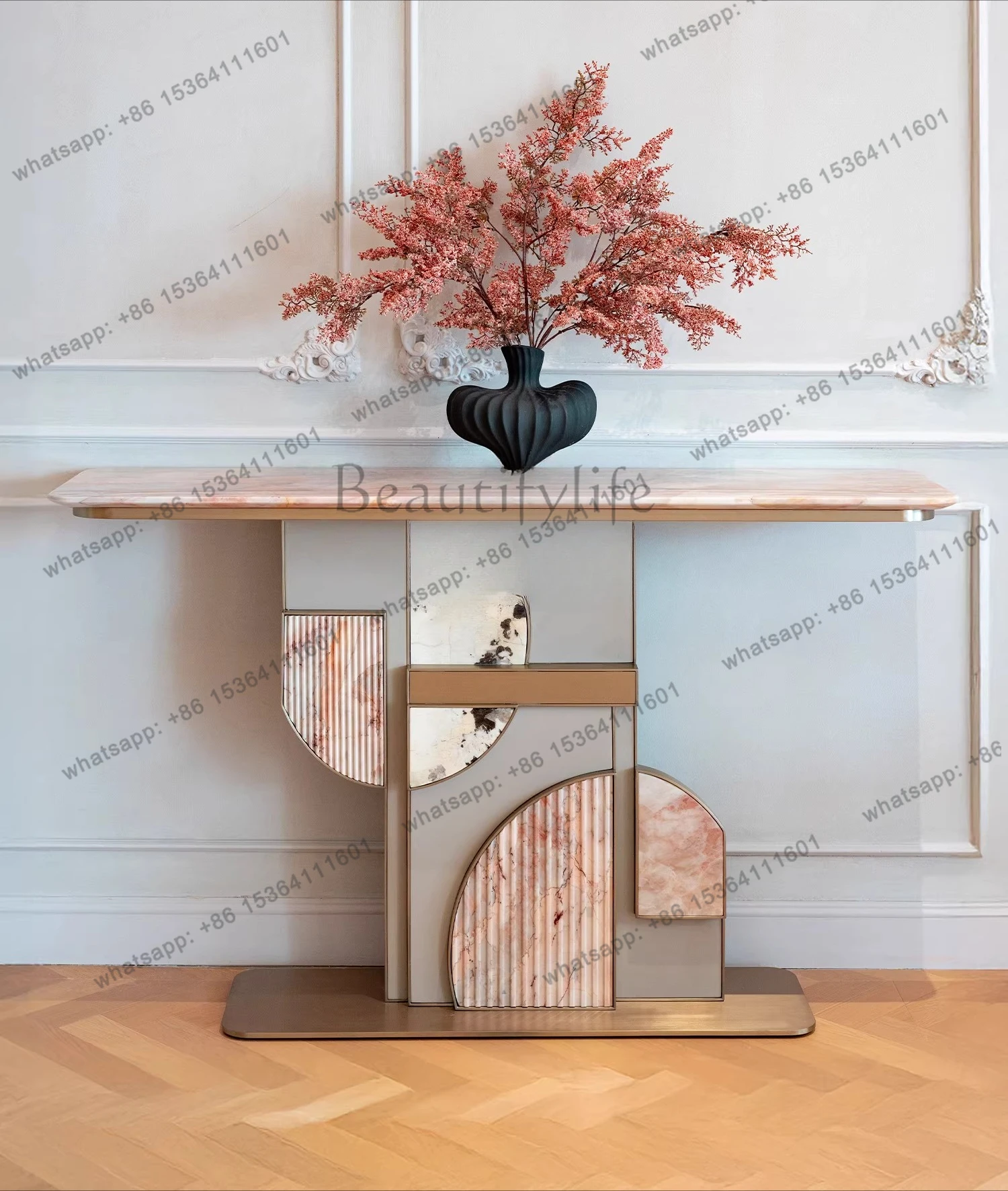 Four Seasons Pink Natural Marble Entrance Table Against the Wall Light Luxury French Style