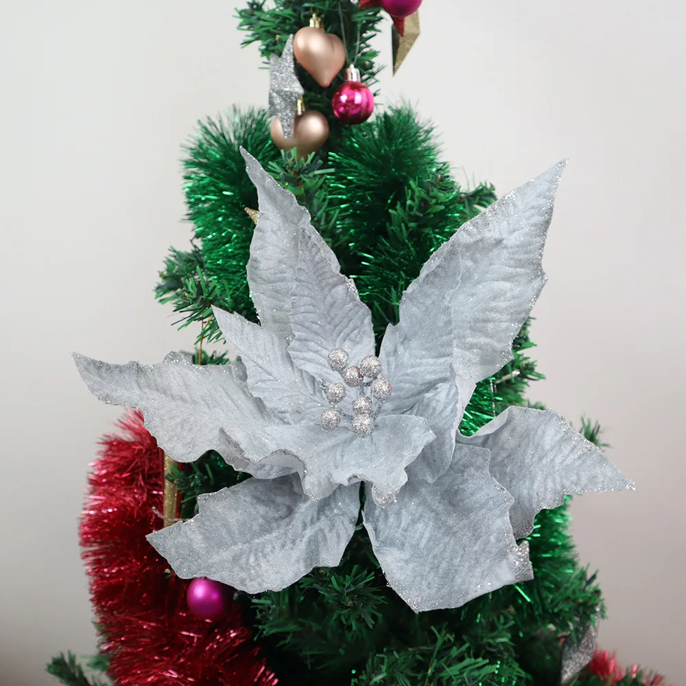 37cm Exquisite Glitter Artificial Flannel Christmas Flower Xmas Tree Ornaments Festive DIY Garlands New Year Wedding Party Decor