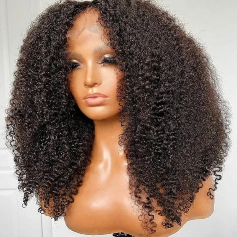 Soft 180Density Natural Black Long Glueless Kinky Curly 26Inch Deep Lace Front Wig For Women With Baby Hair Preplucked Daily