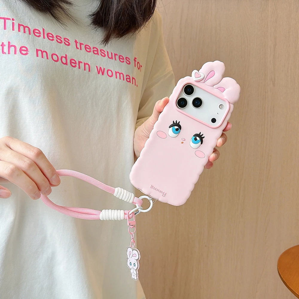 Kawaii 3D Cartoon Hasen-Handyhülle aus weichem Silikon für iPhone 16 17 18 Pro Max, niedliche, stoßfeste Rückseite mit Trageband, Fundas – Detail 14