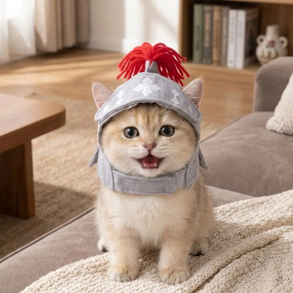Soft Fabric Cat Samurai Helmet Hat Adjustable Strap Red Tassel Pet Warrior Costume Hat Breathable Novelty Pet Dress Up Hat