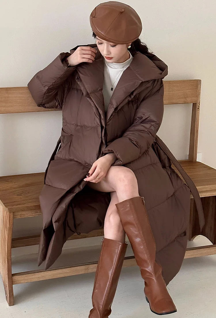 Long Down Coats for Women, Thick Warm Hooded Jacket, Fake Two-Piece, Slim Tie Belt, Winter Fashion, 90% Duck Down