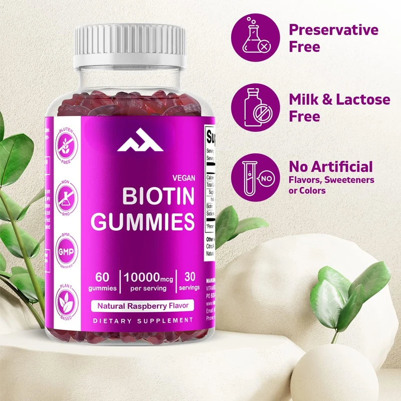 

Vitamin Biotin Gummies 10000 Micrograms for Stronger Hair, Skin, and Nails -60 Vegetarian Gummies