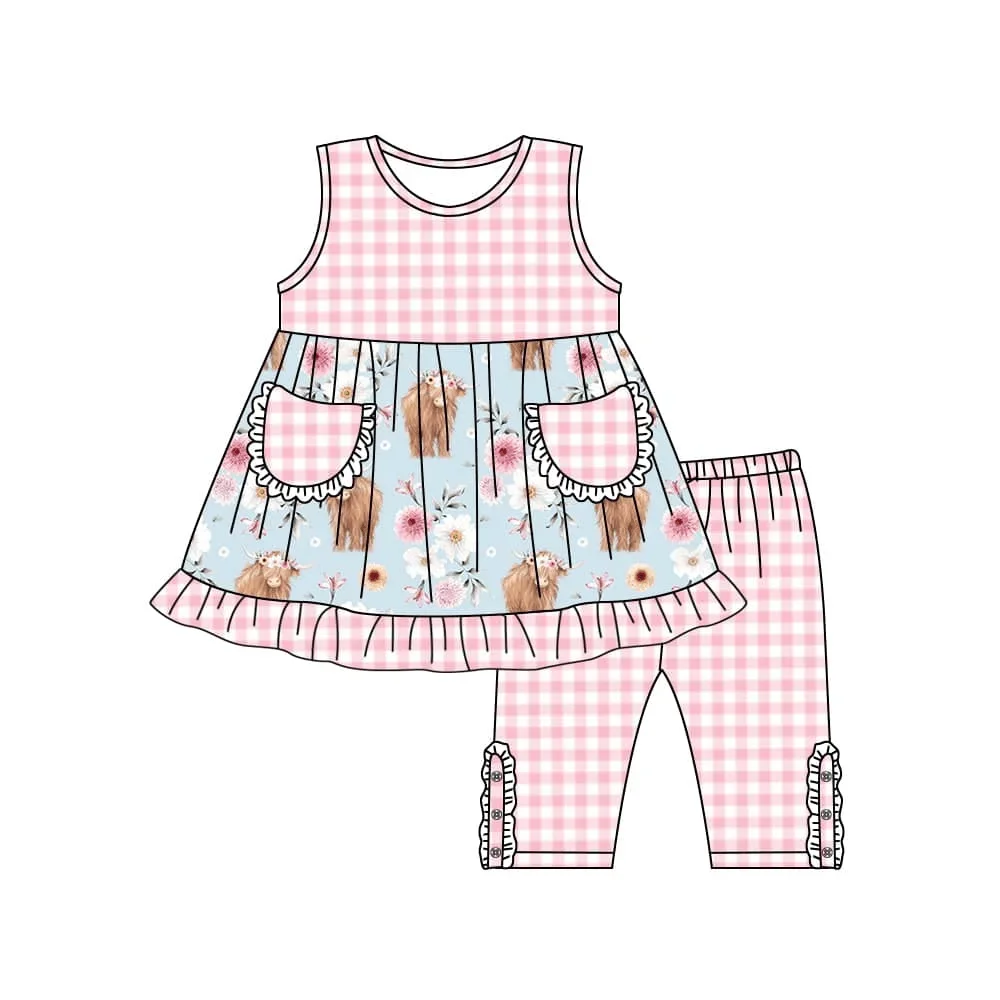 

Boutique clothing girls series sleeveless cow floral print trousers plaid button children's set baby romper dress