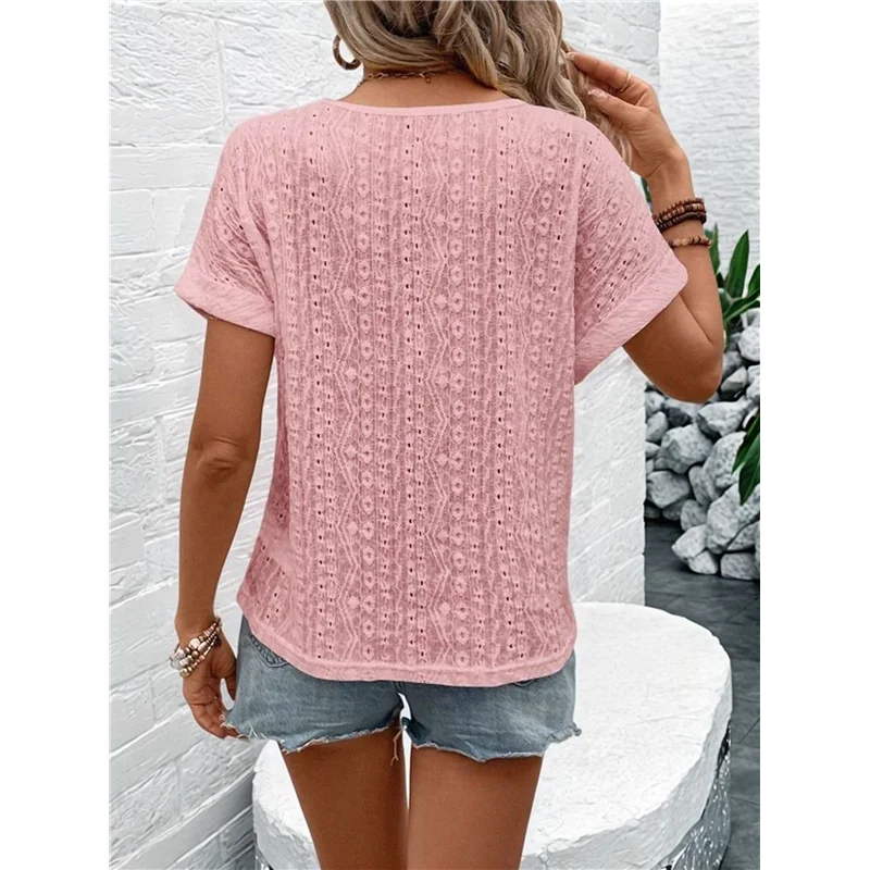 

FX-Womens Tops Casual Scoop Neck Short Sleeve Embroidered Lace Hollow Out Shirts Loose Tunic Knit Boho Blouses