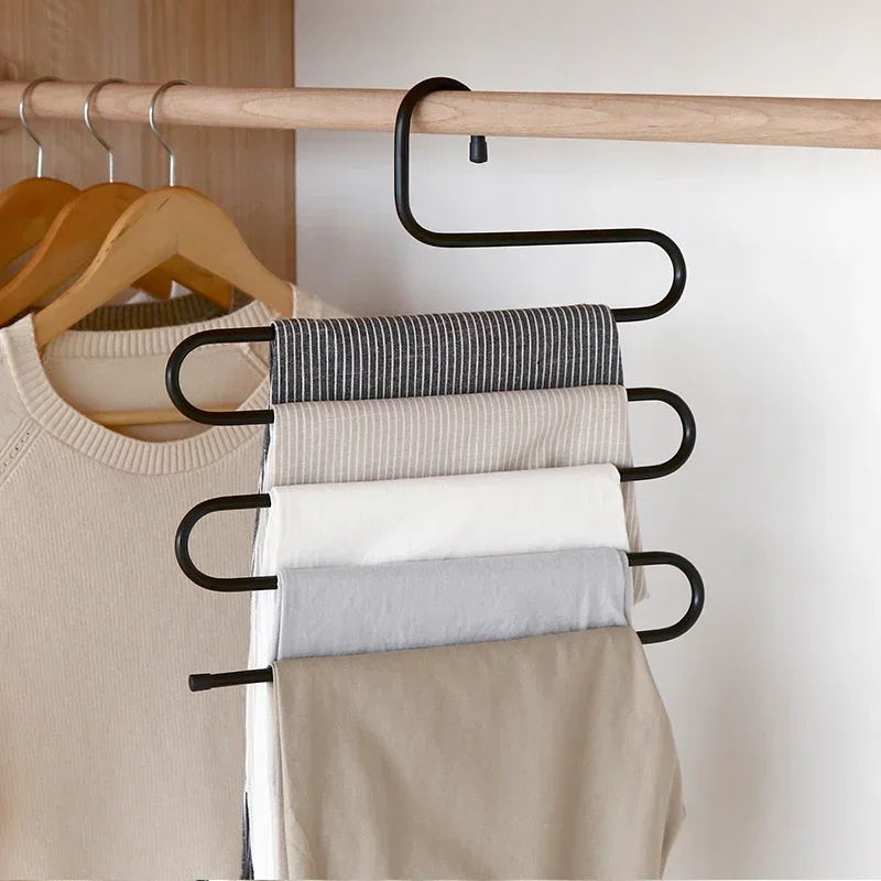 5 Layers S-shaped Pants Hanger Multifunctional Anti-skid Stainless Steel Pants RackWardrobe Storage Scarf Rack lron Pants Rack