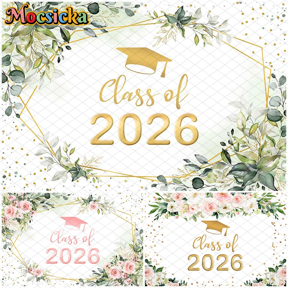 

Mocsicka Graduation Photo Backdrop Class Doctor Hat Flower Green Leaf Celebrate Shooting Decorations 2026 Background Photography