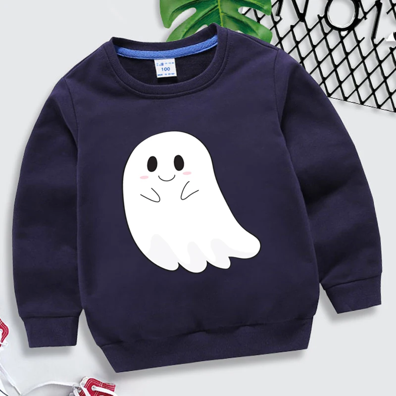 Fashion Cute Ghost Print Kids Hoodies 2024 New Cartoon Style Halloween Boys Girls Y2K Tracksuit Funny Round Neck Sweatshirts