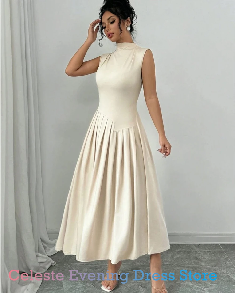 Vestido de noche de Jersey azul Simple personalizado, vestidos elegantes de cuello alto sin mangas para fiesta de bienvenida, vestidos clásicos para ocasiones especiales