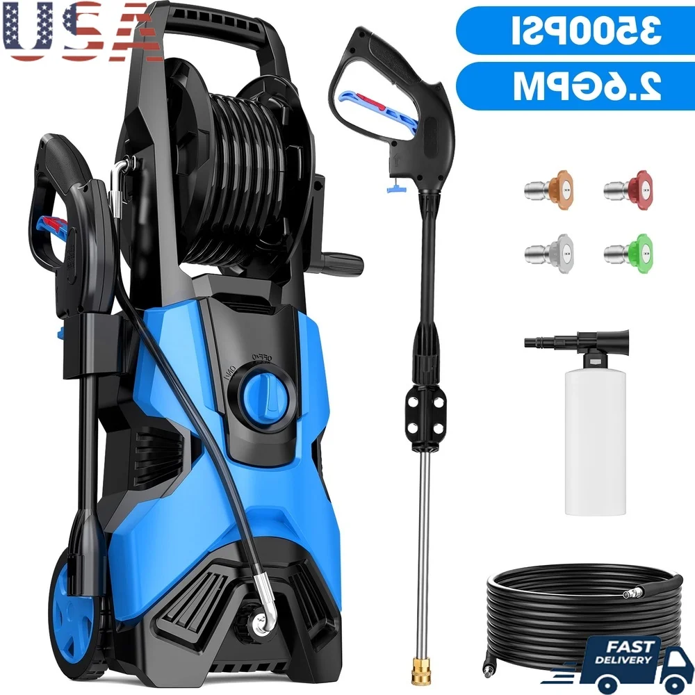 

Electric High Pressure Washer 3500PSI 2.6GPM 1800W with 5 Nozzles Total Stop System Detergent Tank Hose Reel Home Cleaning