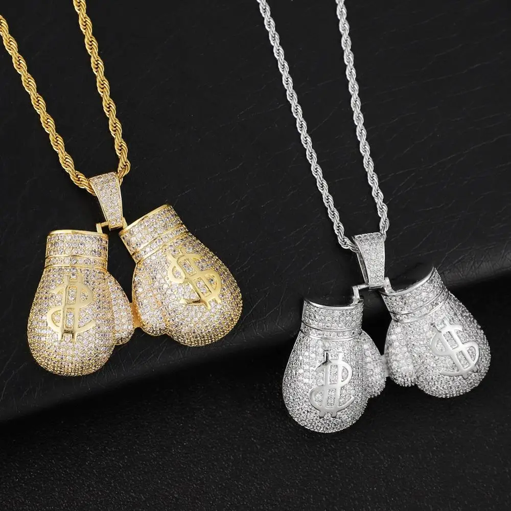 Hip Hop Micro Paved AAA+ Cubic Zirconia Iced Out Bling Dollar Sign Boxing gloves Pendants Necklace for Men Rapper Jewelry