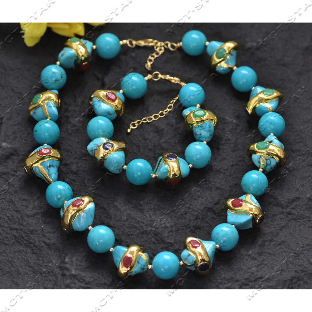 MCT·STAR Set 20'' 23mm Green Round Baroque Multicolor Gemstone Turquoise Necklace Bracelet Custom Jewelry（Z13655 ）