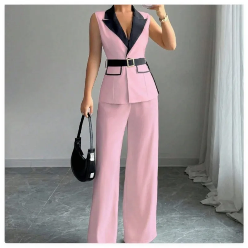 Vest Suit Women Wide Leg Pants Waistcoat 2 Piece Sets Sleeveless Jacket Belt Tight Waist Outfits Trousers Office Lady Ensemble view 4