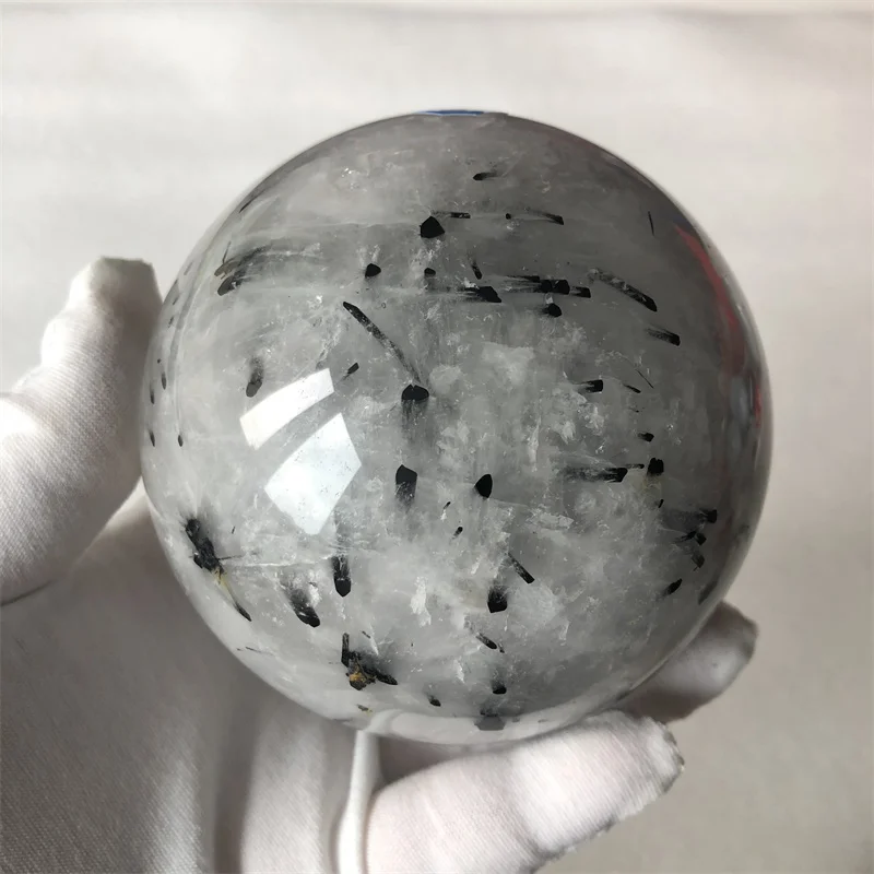 Beautiful Natural Black Hair Tourmaline Clear Quartz Crystal Ball Polished Healing