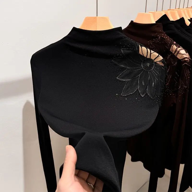 

Coffee-colored Half-high Neck Bottoming Shirt for Women 2025 Spring New Slim and Fashionable Mesh Top Long-sleeved T-shirt