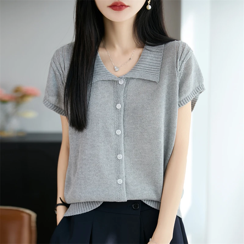 Summer lightweight Polo collar knitted shirt linen short sleeved open top women's simple short sleeveless T-shirt