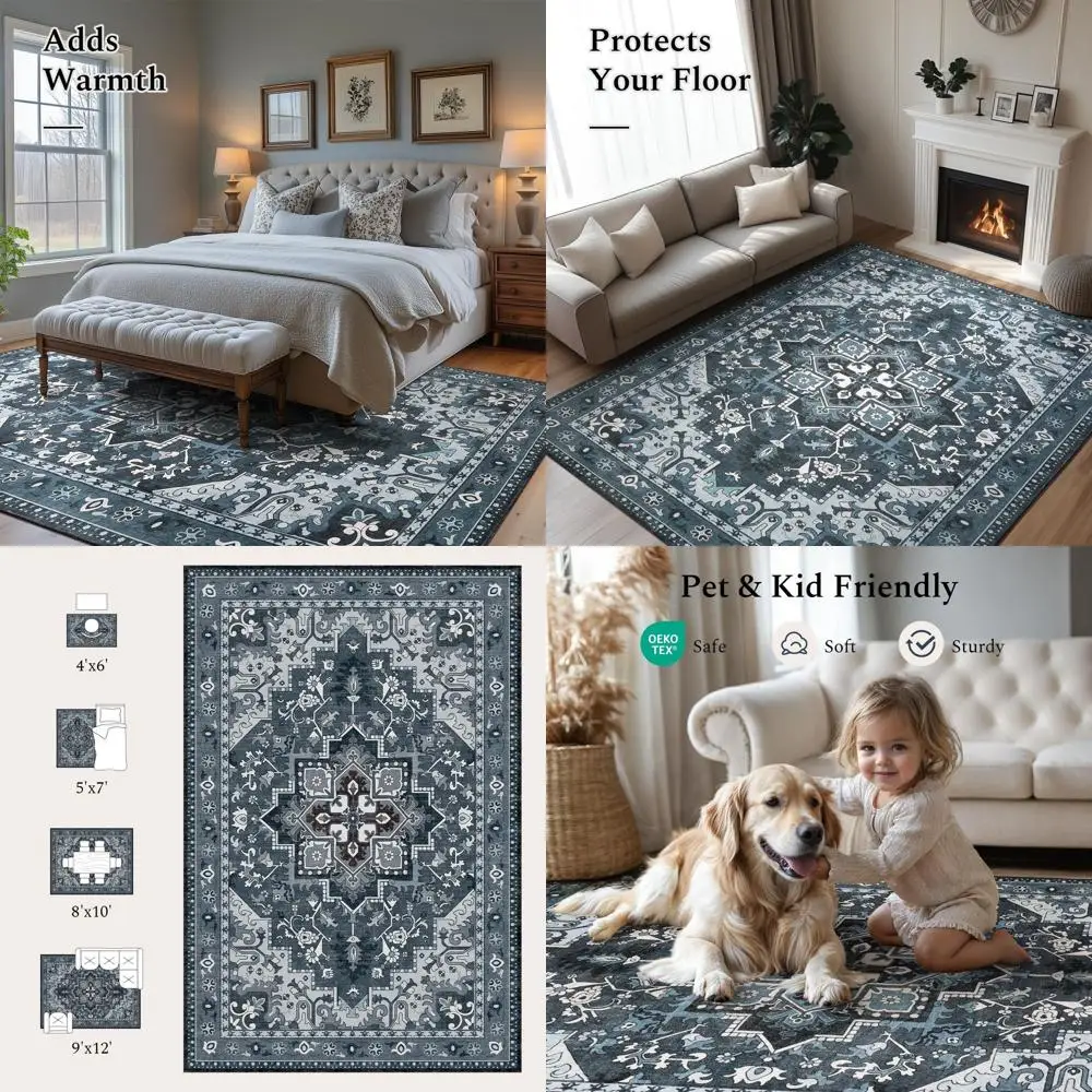 

Durable Dark Navy Blue 8x10 Area Rug, Machine Washable, Low Pile for Living Spaces, Soft and Thick with Non-Slip Backing