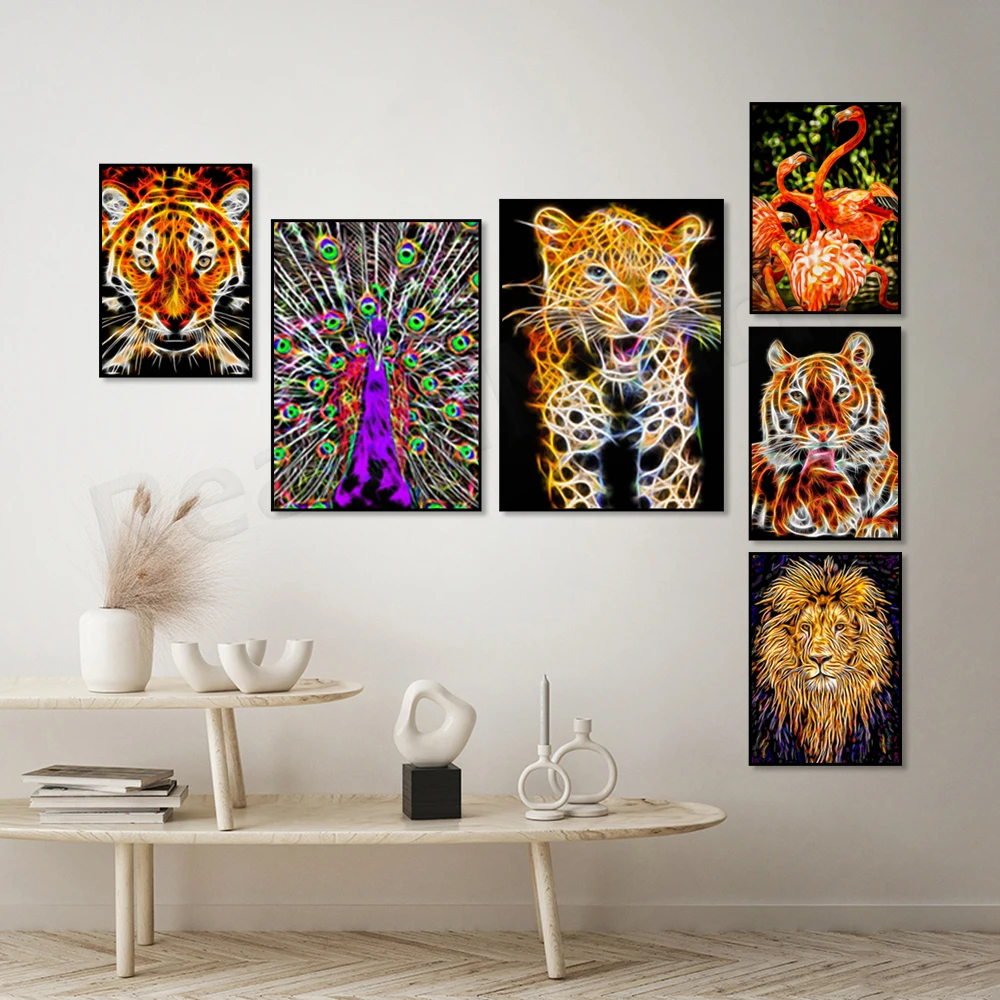 Colorful abstract peacock, lion, bengal tiger, tiger big cat, leopard print, abstract wildlife poster, gift for animal lovers
