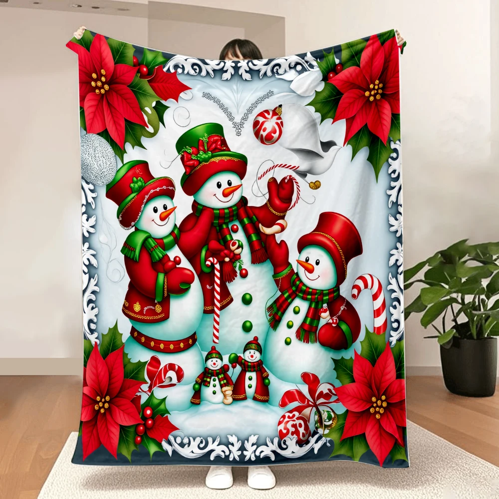 1PC Christmas Snowman and Poinsettia Print Blanket-Made of soft plush flannel, perfect for the sofa or bed. Holiday options for