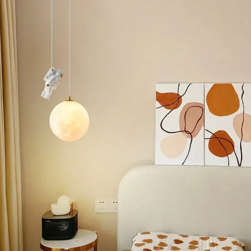 Modern LED Pendant Light Iron Astronaut Cartoon Moon Children's Room Indoor Decorative Hanging Lamp For Bedroom Study Luminaires