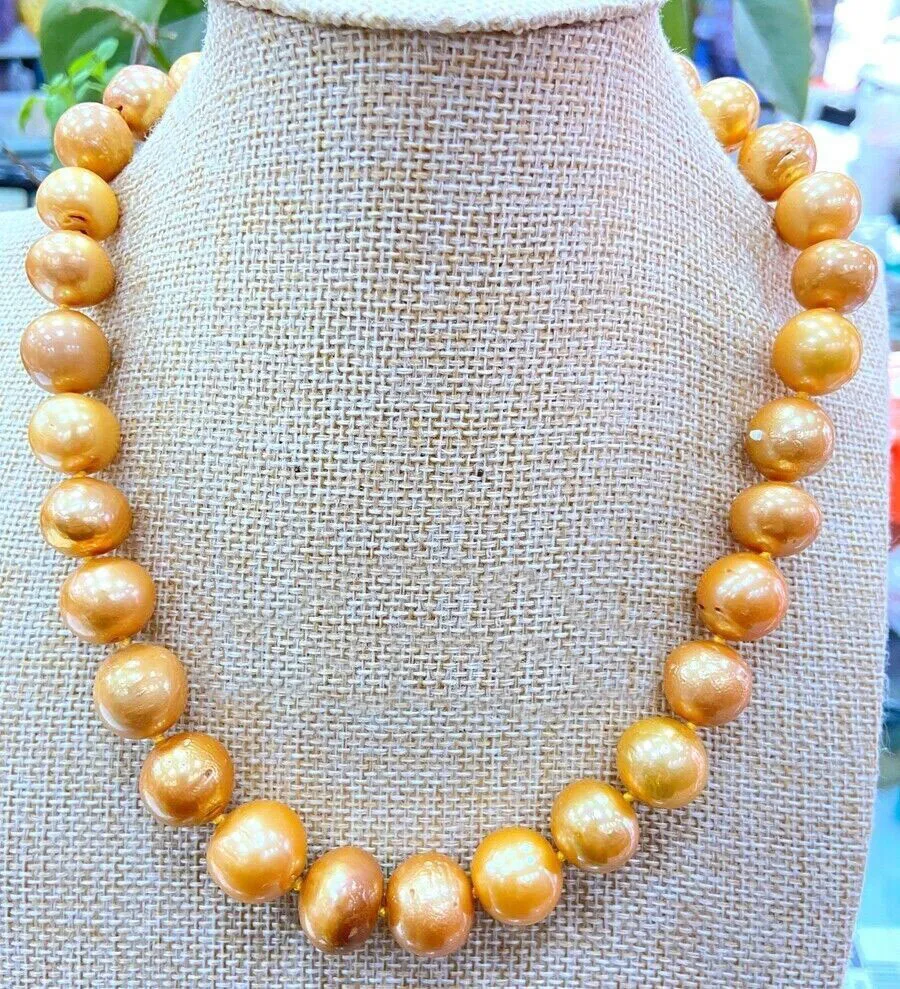 Natural 11-14mm Round South Sea Gold Baroque Freshwater Pearl Necklace 18inch 14K Buckle