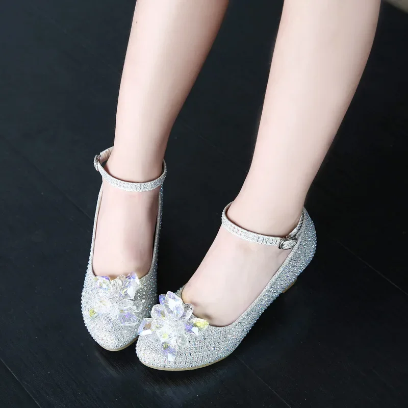 Princess Girls Party Shoes Children Sandals Sequins High Heels Shoes Diamonds Girls Sandals Peep Toe Crystal Kids Dress Shoes