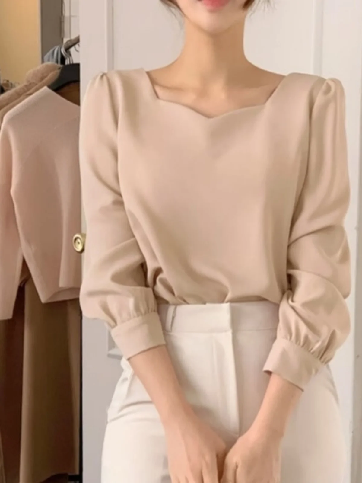 Chic Square Collar Bubble Sve Overhead irt Women's Early Spring New Tea Break Pure Color Versatile Long Sve Top