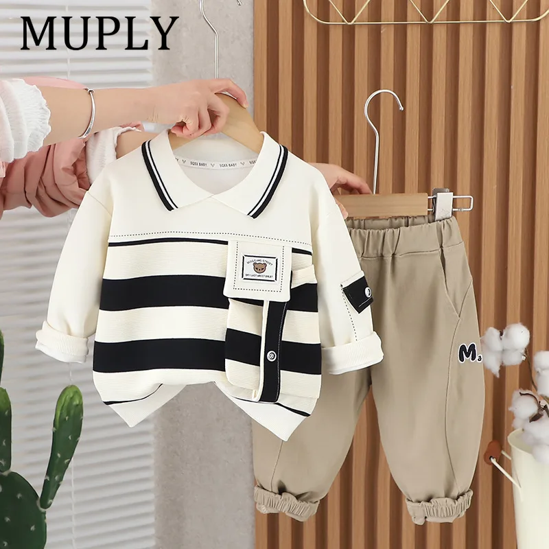 Cute Striped Long Sleeve Collared Sweatshirt And Pants Set for Boys Spring Autumn Casual Comfortable Cotton Outfit Two Pieces
