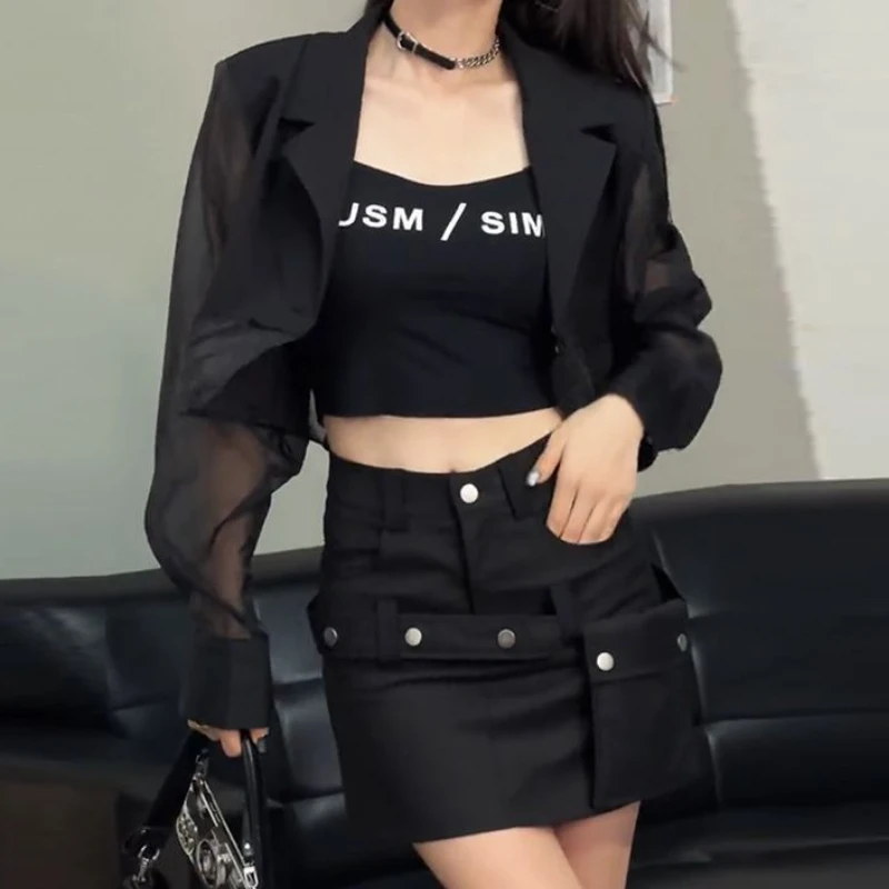 Sun-proof Blazers Women Cropped See-through Back-slit Summer Aesthetic Patchwork Streetwear Office Lady Fashionable Outwear 2023