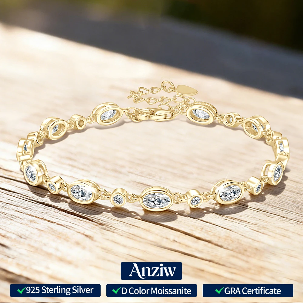 

Anizw 2025 New Full Moissanite Tennis Bracelets for Women 925 Silver Oval Round Cut Lab Diamond Bezel Setting Certified Jewelry