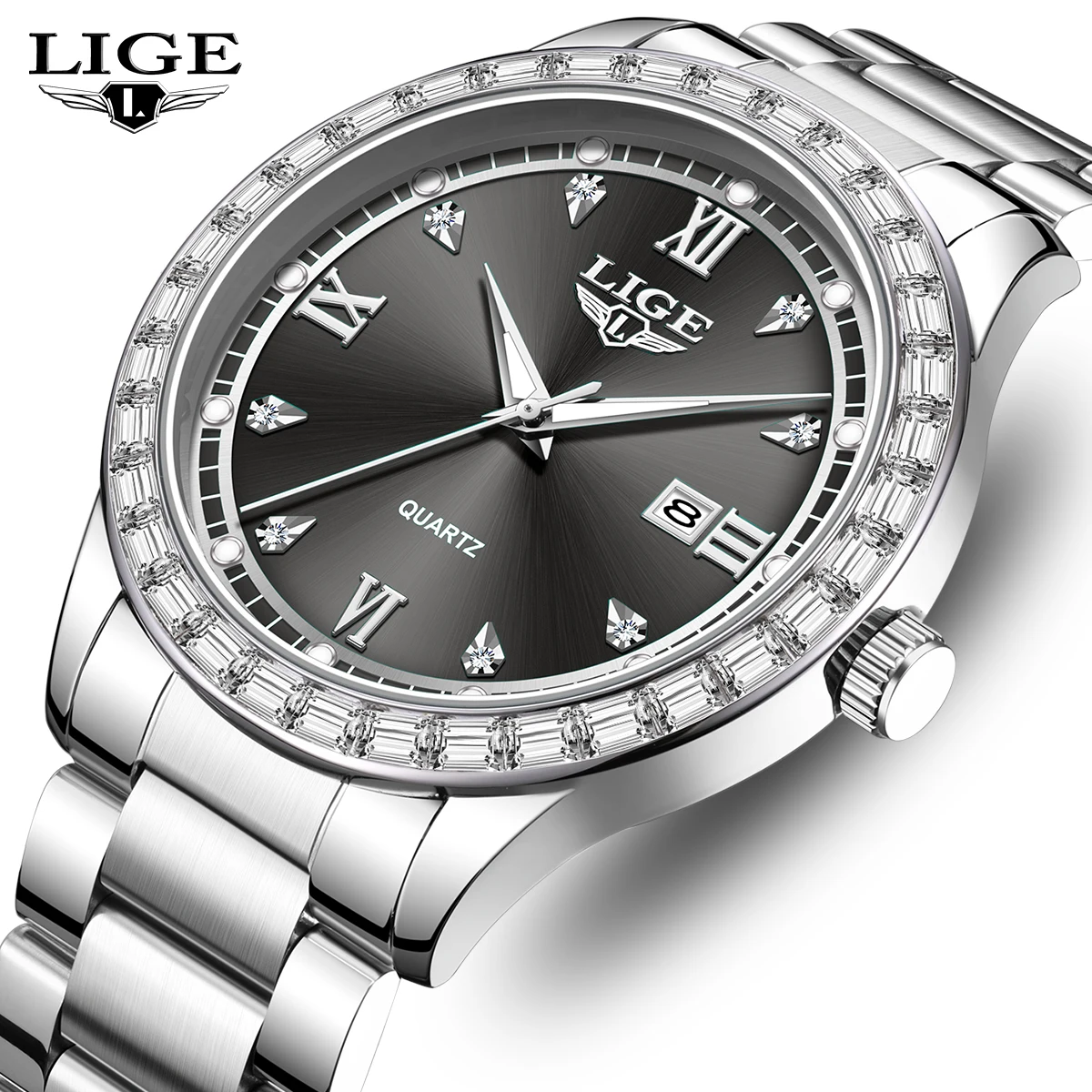 

Часы LIGE с креативным дизайном и бриллиантами, мужские водонепроницаемые светящиеся часы из нержавеющей стали, простые элегантные кварцевые наручные часы для мужчин