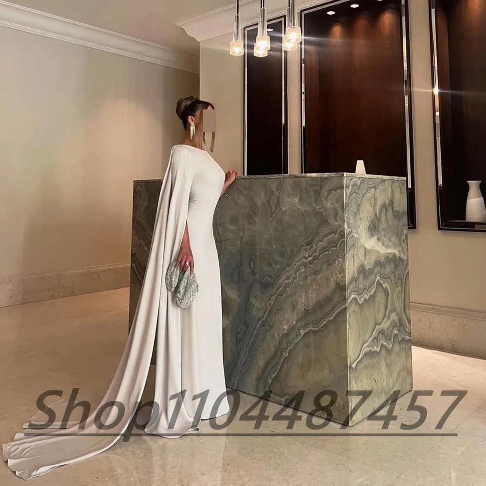 Customized Simple white Jersey O-neck Evening Dress Half Sleeves Straight Party Gown With Train Straight Floor Length Prom Dress