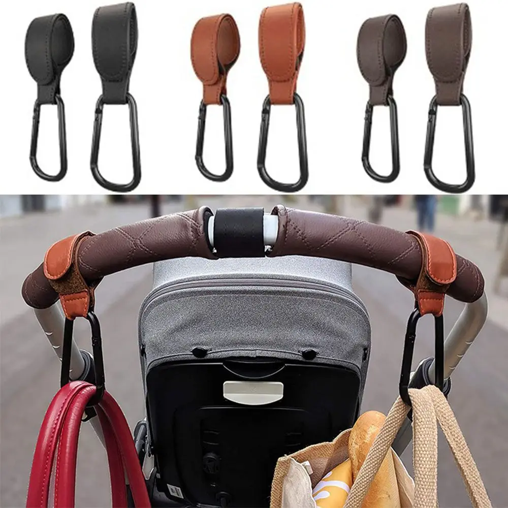 Portable Hanging Bags PU Leather Aluminum Alloy Carabiner Stroller Hooks Clips Cart Organizer Pram Hook Baby Bag Stroller Hook