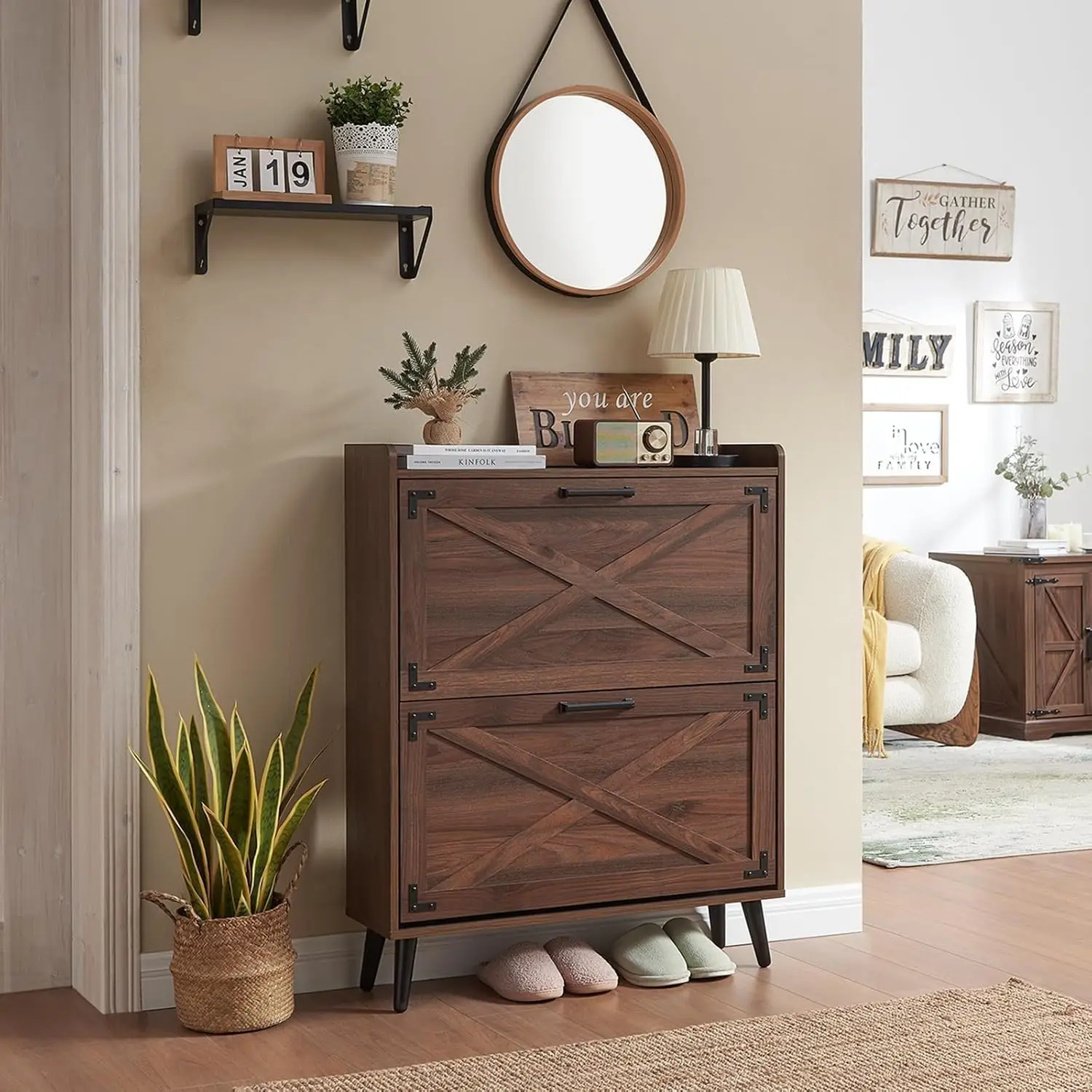 Shoe Organizer with 2 Flip Drawers & Barn Door Design,Freestanding Hidden Slim Narrow Shoe Rack