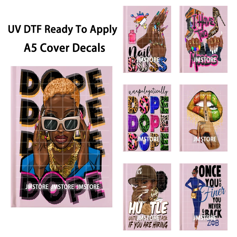 Black Woman Hustle Self Love Girls A5 Notebook UV DTF Wraps Ready To Apply Waterproof Transfer Stickers Decals For Journal Cover
