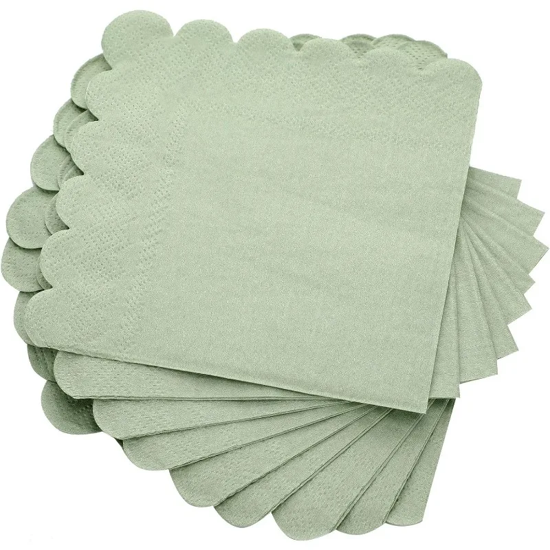 100 Pcs Scalloped Edged Cocktail Napkins Sage Green Square 3 Ply Paper Napkins Disposable Scalloped Napkins, 5 x 5 Inch Folded