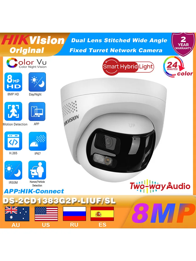 Hikvision DS-2CD1383G2P-LIUF/SL 4K 8MP Dual-Linsen-Kamera mit 180°-Bildverbindung °   Weitwinkel Smart Hybrid Light POE Netzwerk-IP-Kamera mit Zwei-Wege-Audio