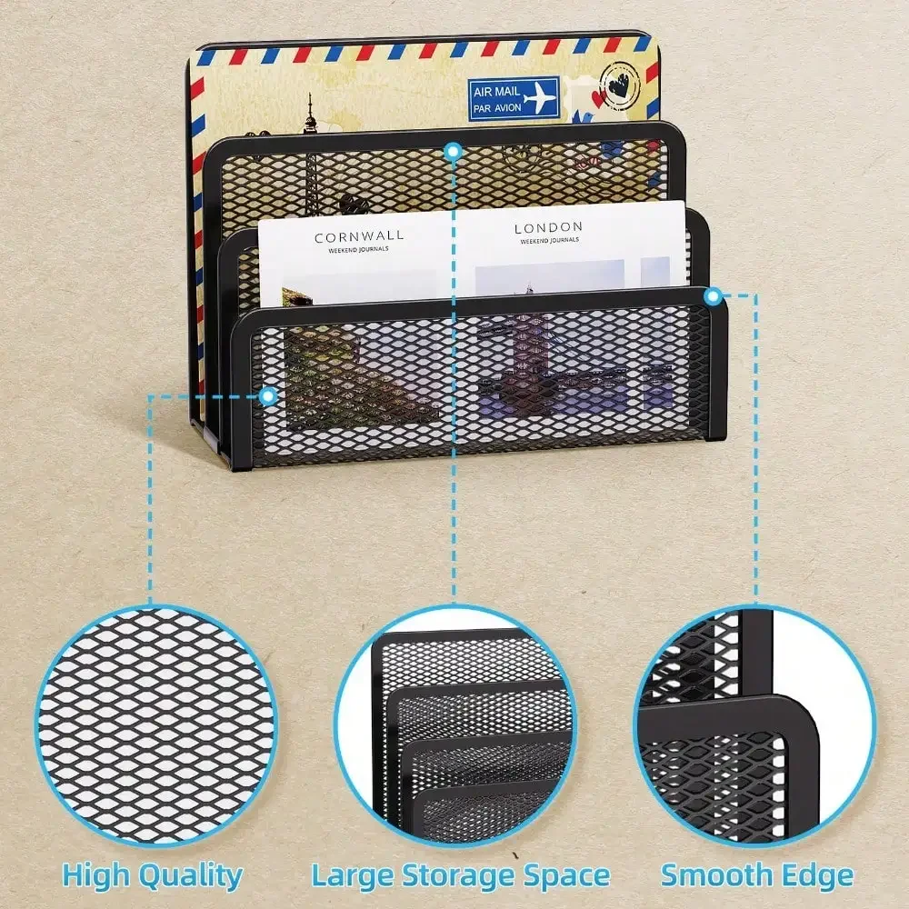 

Black Mesh Metal Mail Organizer For Desk Countertop, 3 Slot Letter Holder For Office Desktop Envelope And Document Storage Rack
