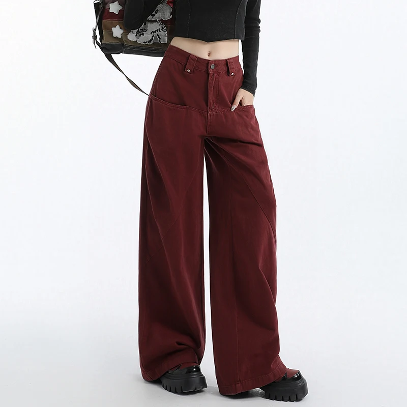 KSTUN กางเกงยีนส์สตรีกางเกงขากว้างสีแดงหญิง Baggy กางเกงหลวมสูงเอว Casual แฟชั่น 2025 ใหม่แนวโน้มลากกางเกงกางเกง