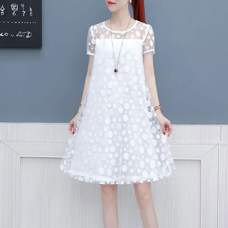 Women's O-Neck Polka Dot Loose A-line Skirt, Lace Off Shoulder Dresses, Casual Clothes, Solid Color, Summer Fashion