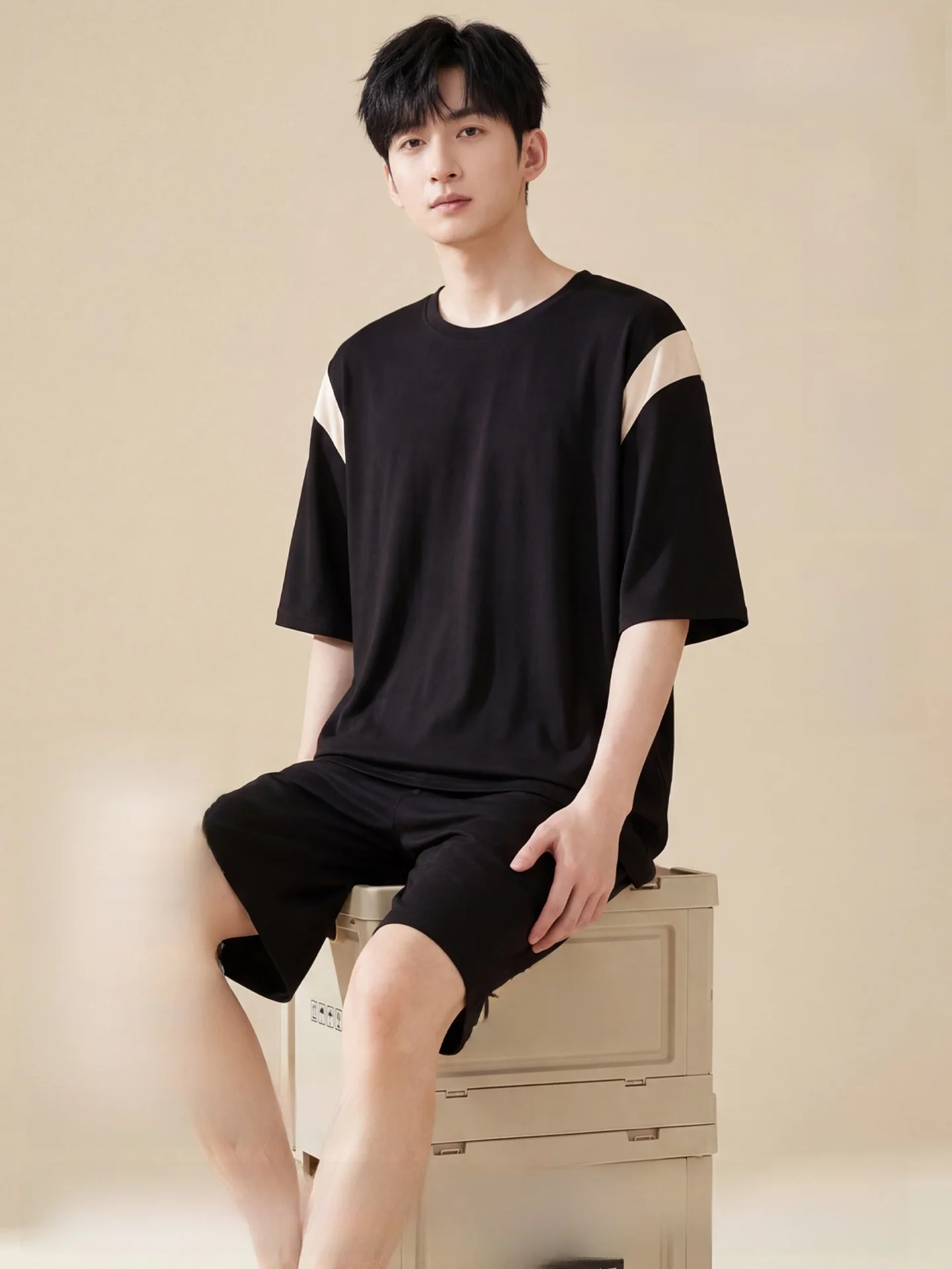 men's-summer-cool-sensation-lyocell-sleepwear-loose-fit-lightweight-short-sleeve-shorts-home-clothes-set-breathable-comfortable