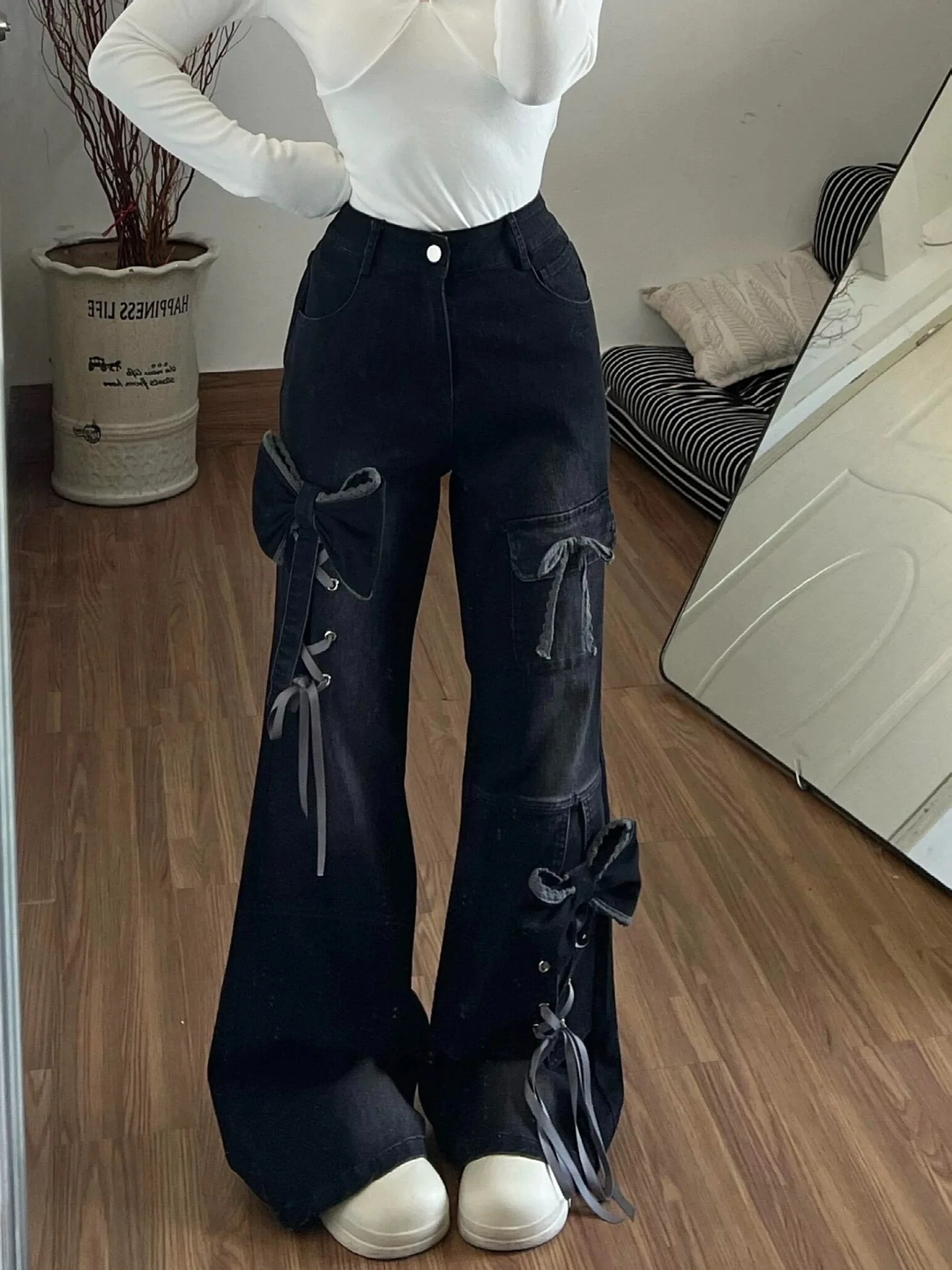 Women's Low Rise Flare Jeans Bow Lace Up Japanese Designer Denim Pants Shoujo Y2k American Retro Bell Bottom Jeans Harajuku New