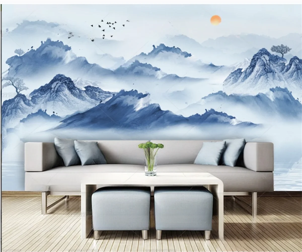Customized size 3d wallpaper, ink landscape painting, mural painting, Chinese hand drawn mountain and forest decoration painting