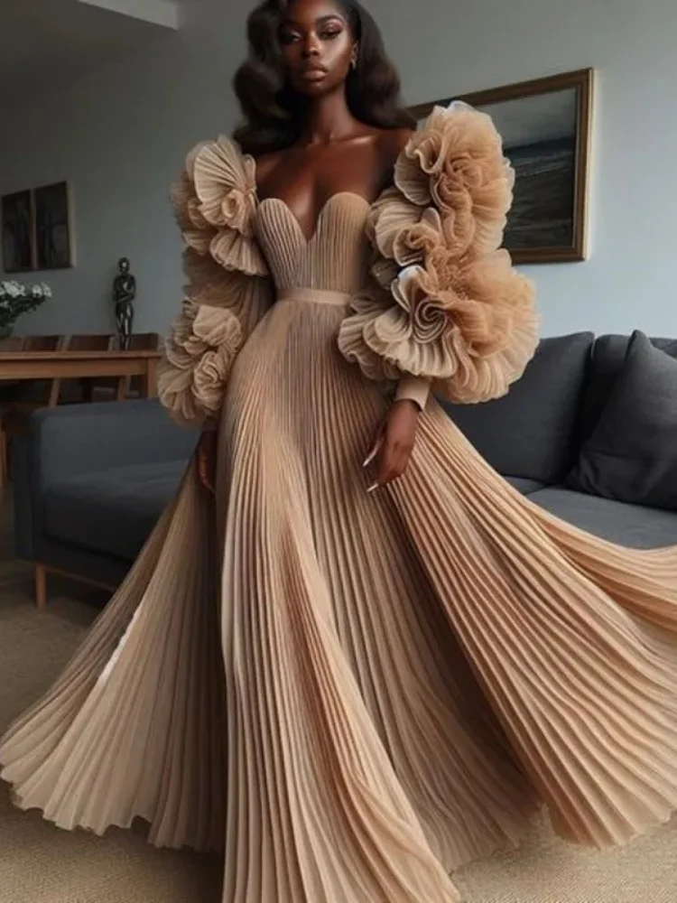 Customized Champagne pleated A-line long dress with ruffled flower fluffy sleeves, modern formal party dress, African long dress