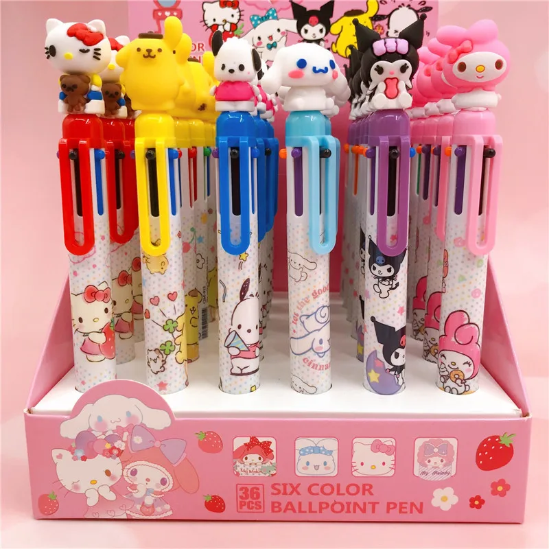 36pcs Kuromi Pom Pom Purin 6-color Ball Pen Silicone Doll Head Kawaii Anime Action Figure 6-color Pen Student Multi-color Pen