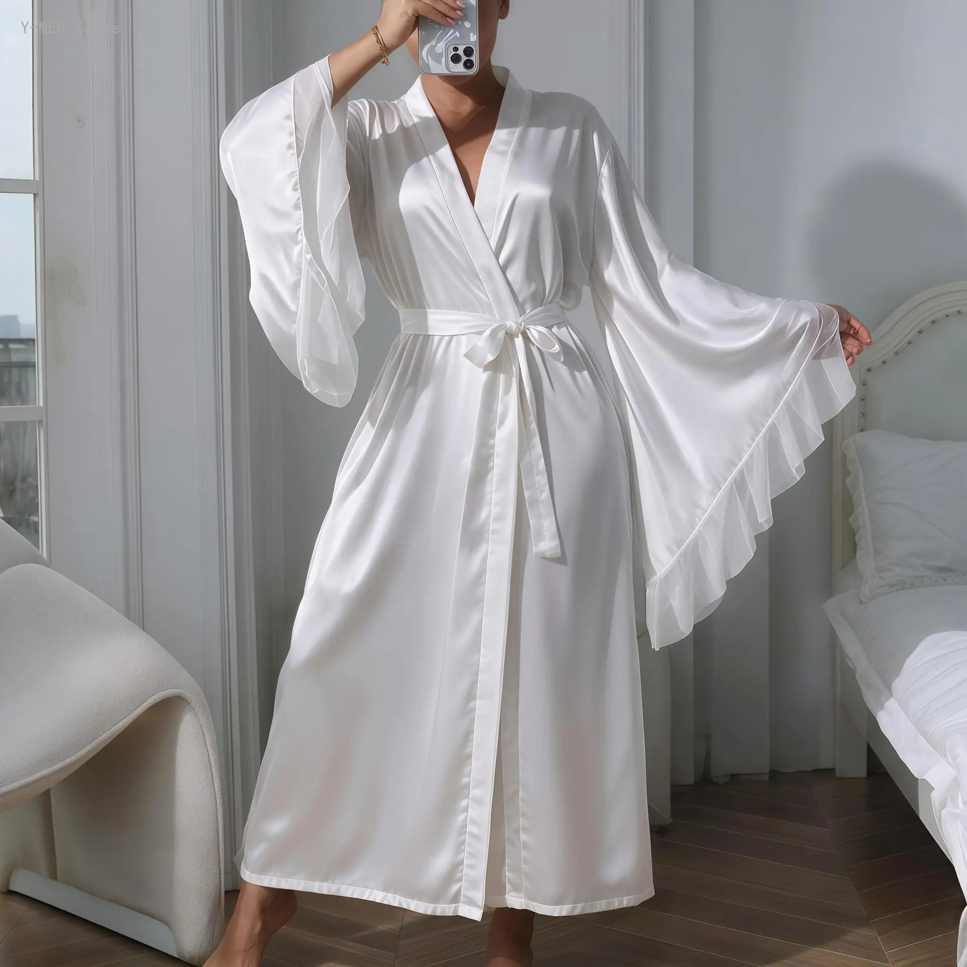 Elegant Sexy Bride Wedding Long Robe Dress Femael Kimono Bathrobe Gown New Satin Women's Sleepwear Nightgown Loose Homewear