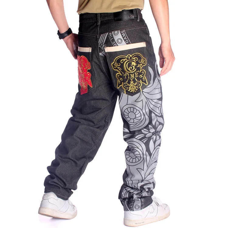 Trendy men's straight trousers hip-hop jeans HIPHOP hip-hop graffiti print embroidery loose skateboard pants