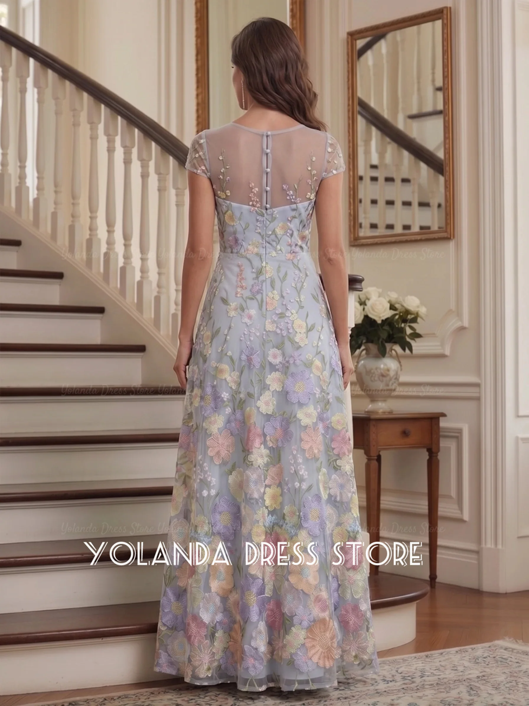 Yolanda Women's Wedding Party Retro Illusion Neck Floral Applique Wedding Guest Dresses Tulle Open back Evening Gowns Customized